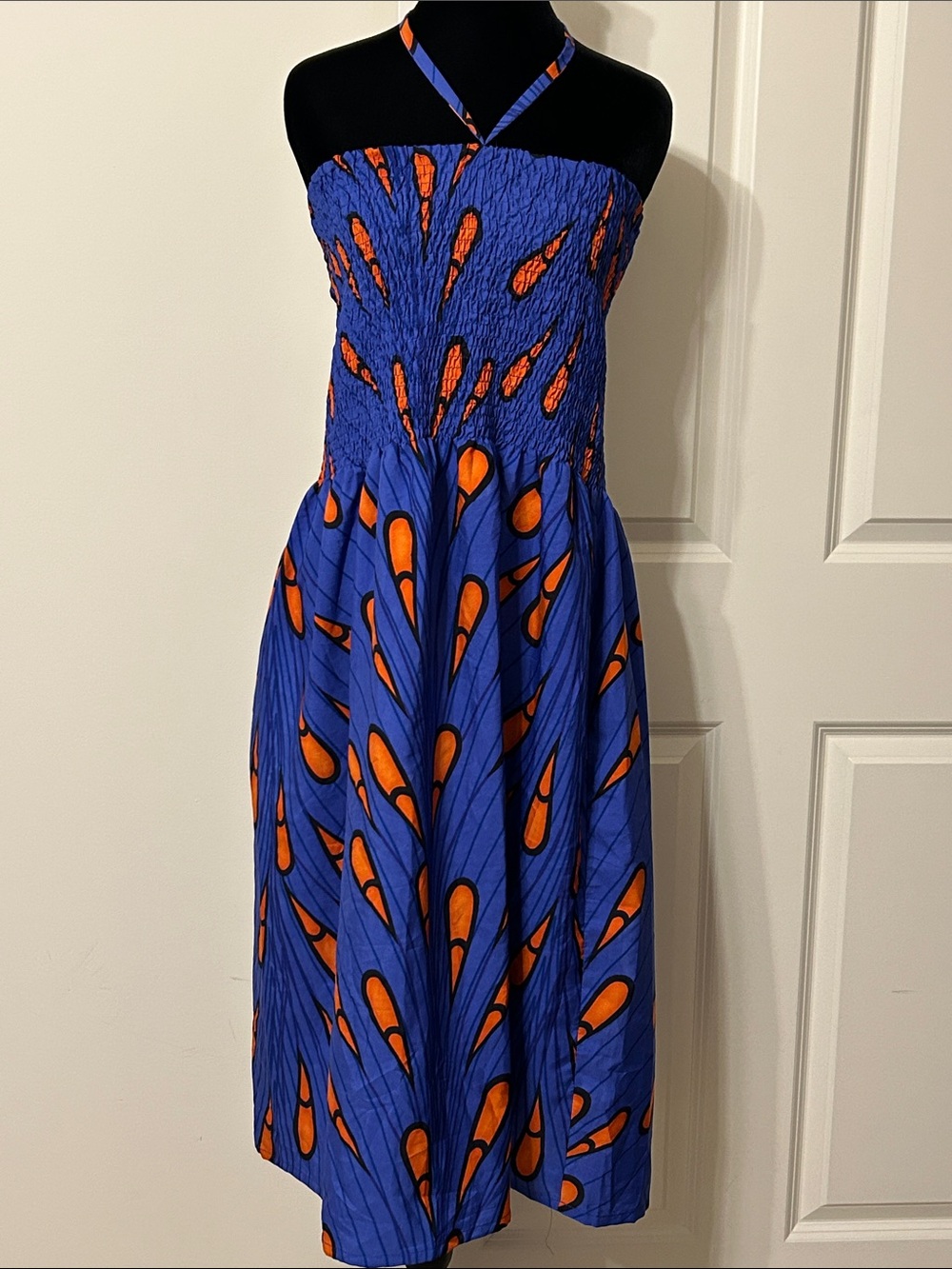 Blue & Orange Exotic Patterned Halter Midi Dress by Gypsie Blu